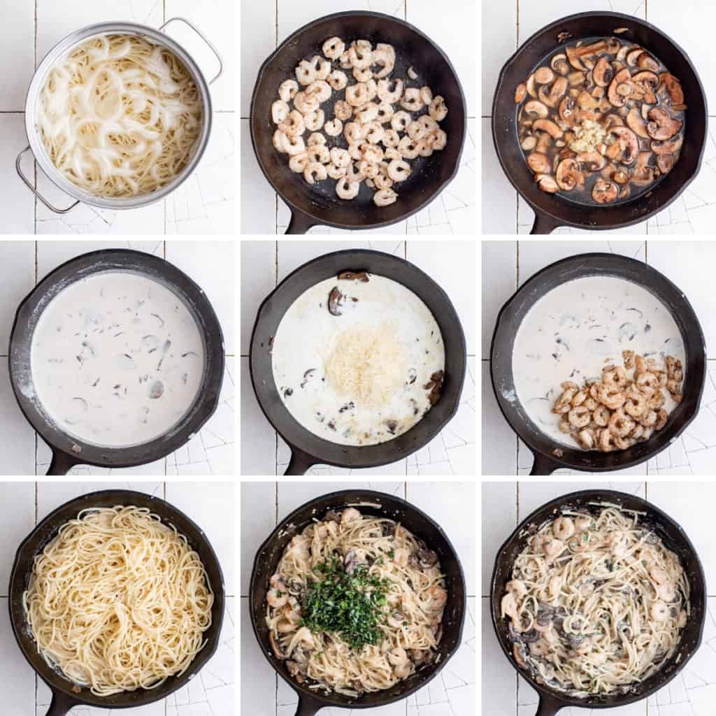 Collage showing how to make mushroom shrimp pasta.