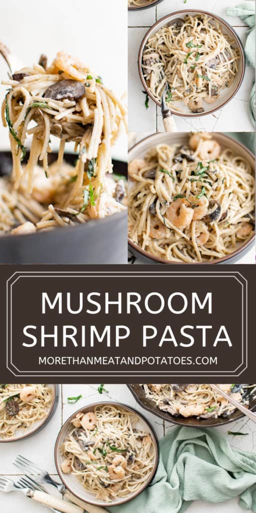 Collage showing several photos of finished mushroom shrimp pasta.
