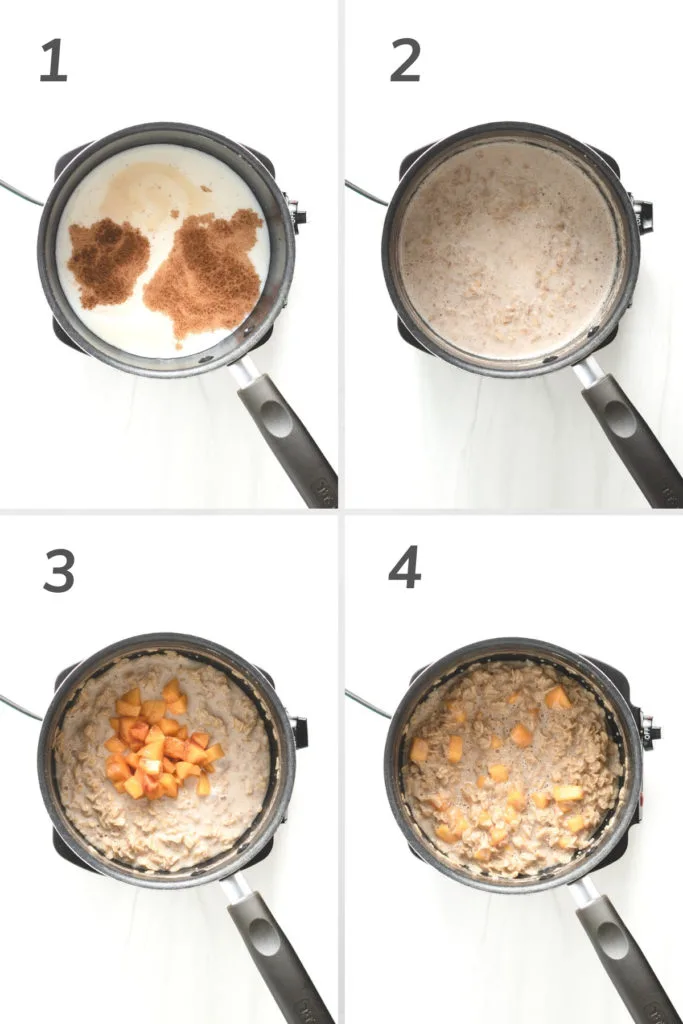 Collage showing how to make peaches and cream oatmeal.