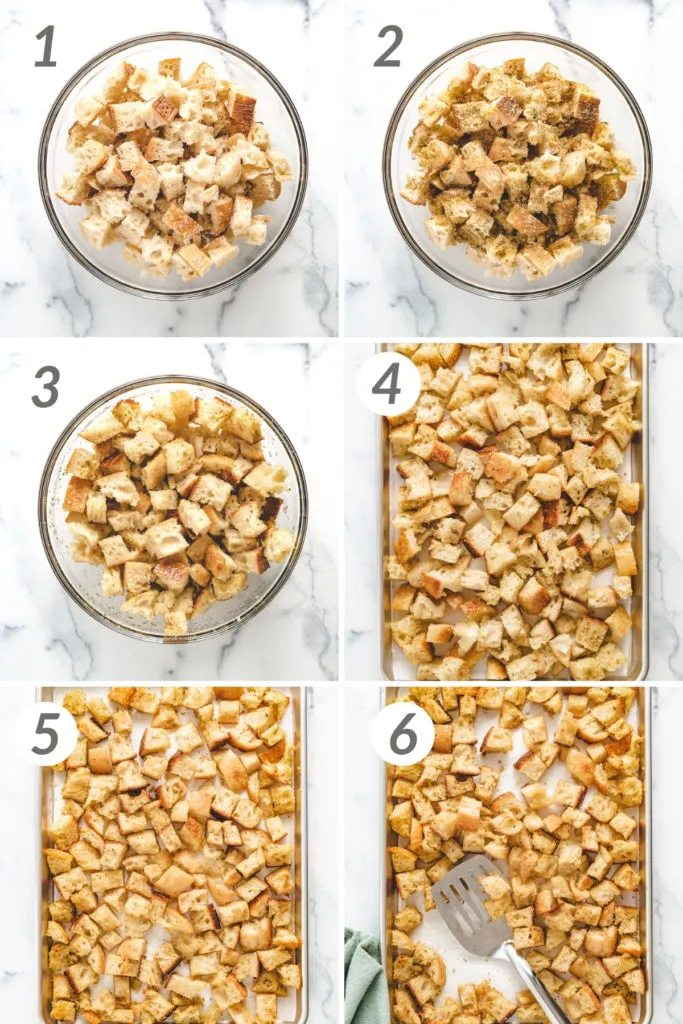 Collage showing how to make sourdough croutons.