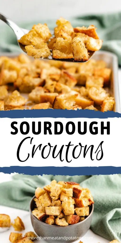 Collage of two photos of sourdough croutons