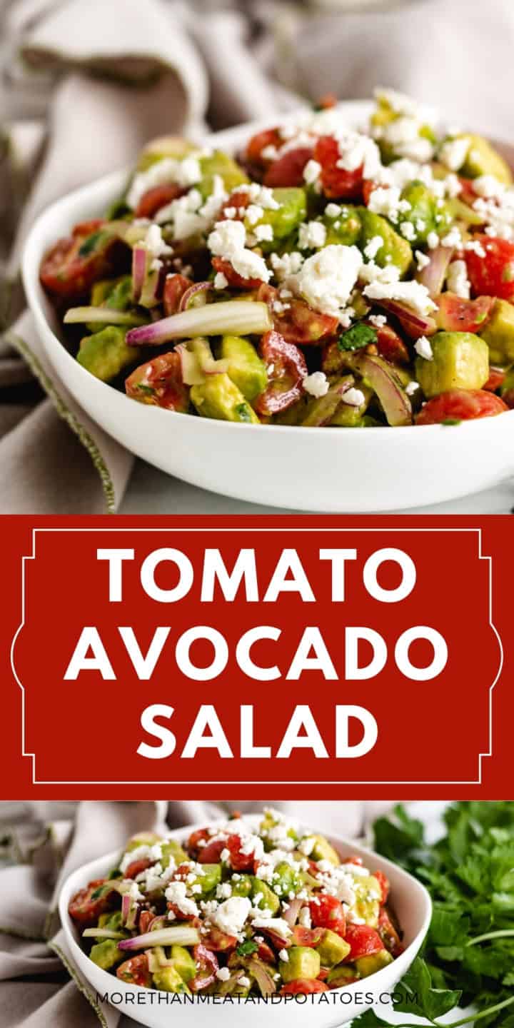 Collage of two photos of tomato avocado feta salad.
