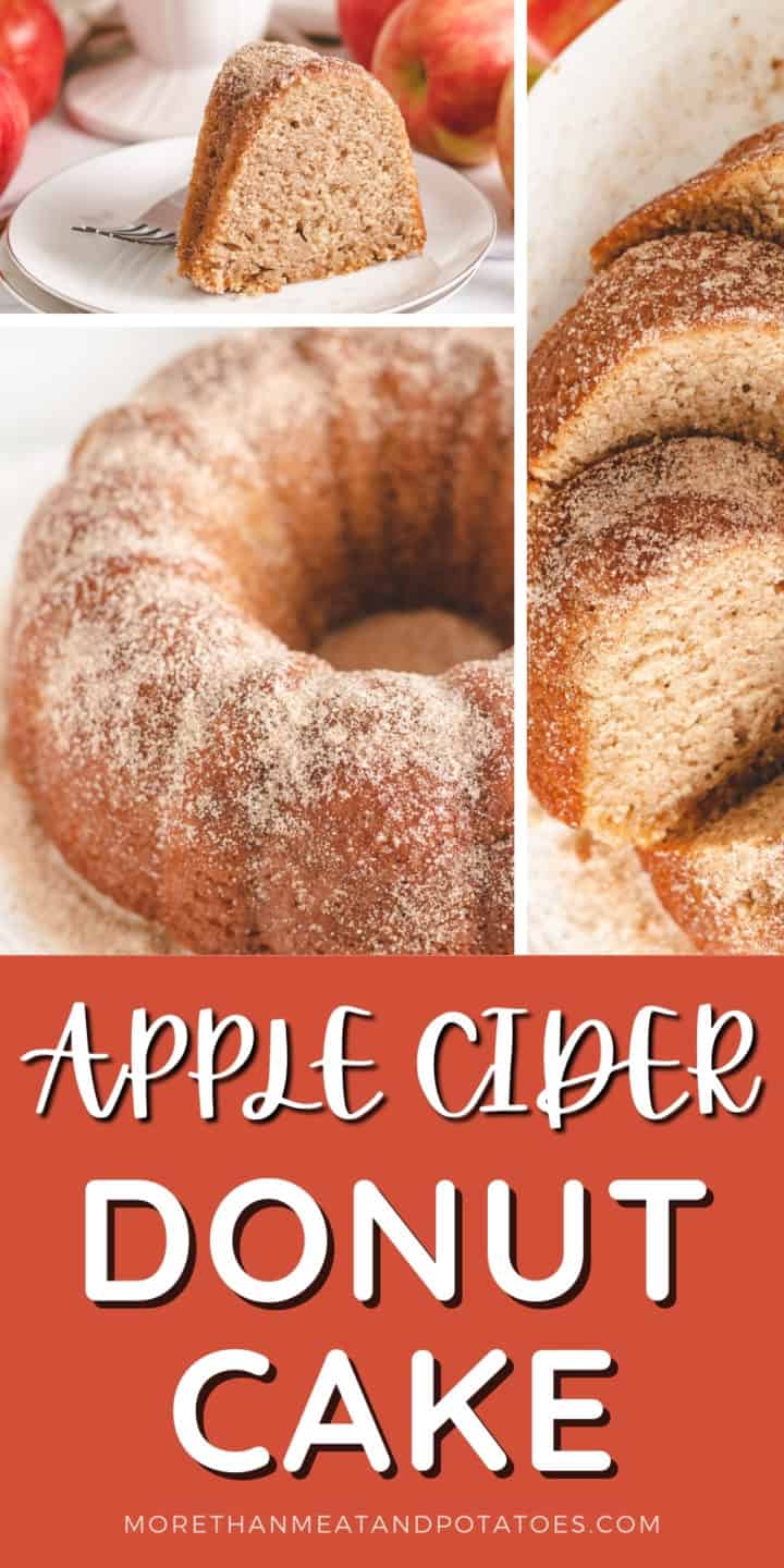 Three photos of apple cider donut cake in a collage.