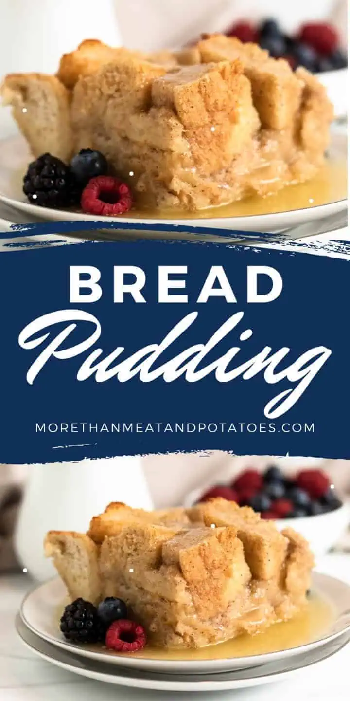 Two photos of bread pudding in a collage.