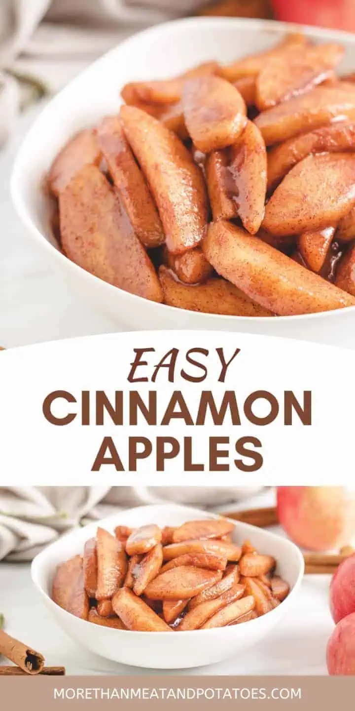 Two photos of cinnamon apples in a white bowl.