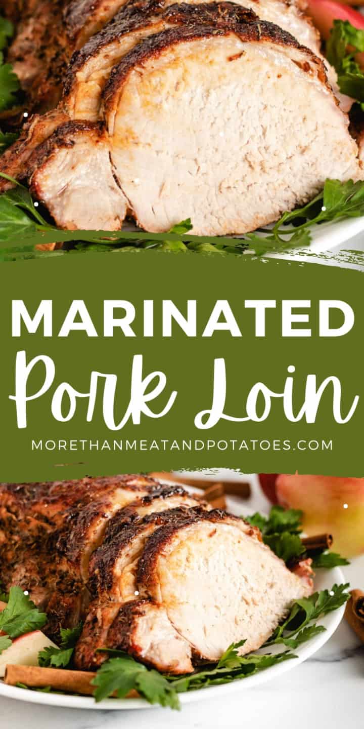 Two photos of pork loin in a collage.