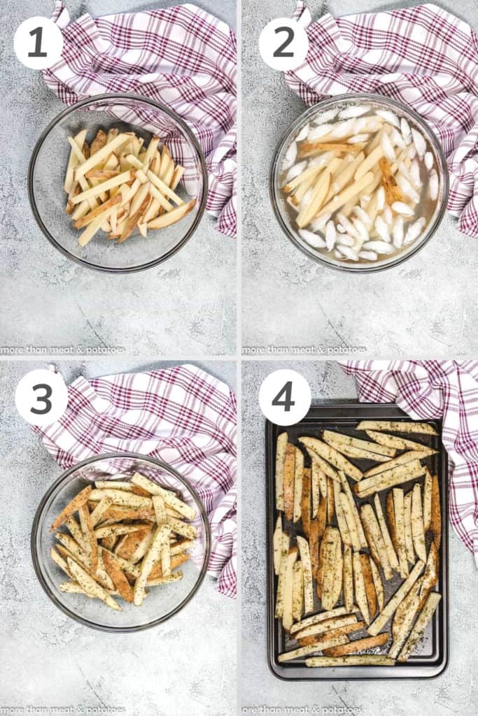 Collage showing how to make oven baked french fries.