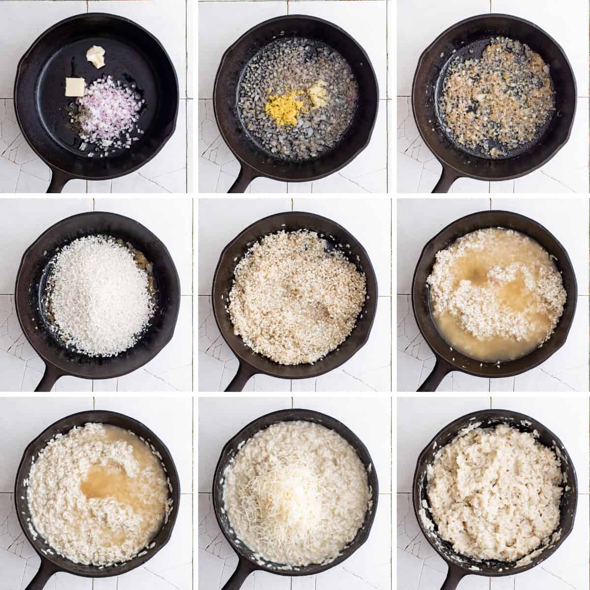 Collage showing how to make Parmesan risotto.