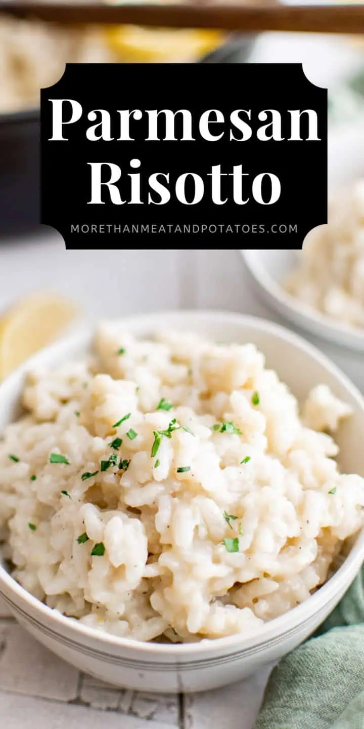 Close up bowl of creamy parmesan risotto.