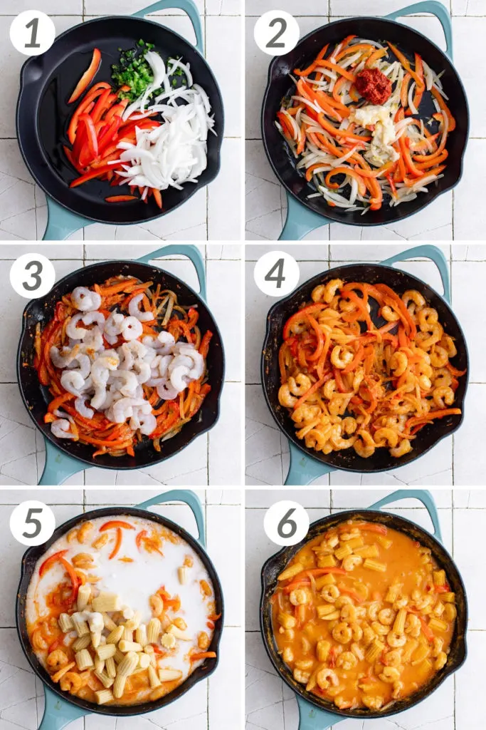 Collage showing how to make shrimp curry.