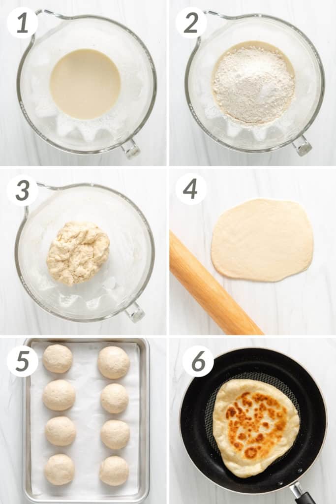 Collage showing how to make sourdough naan.