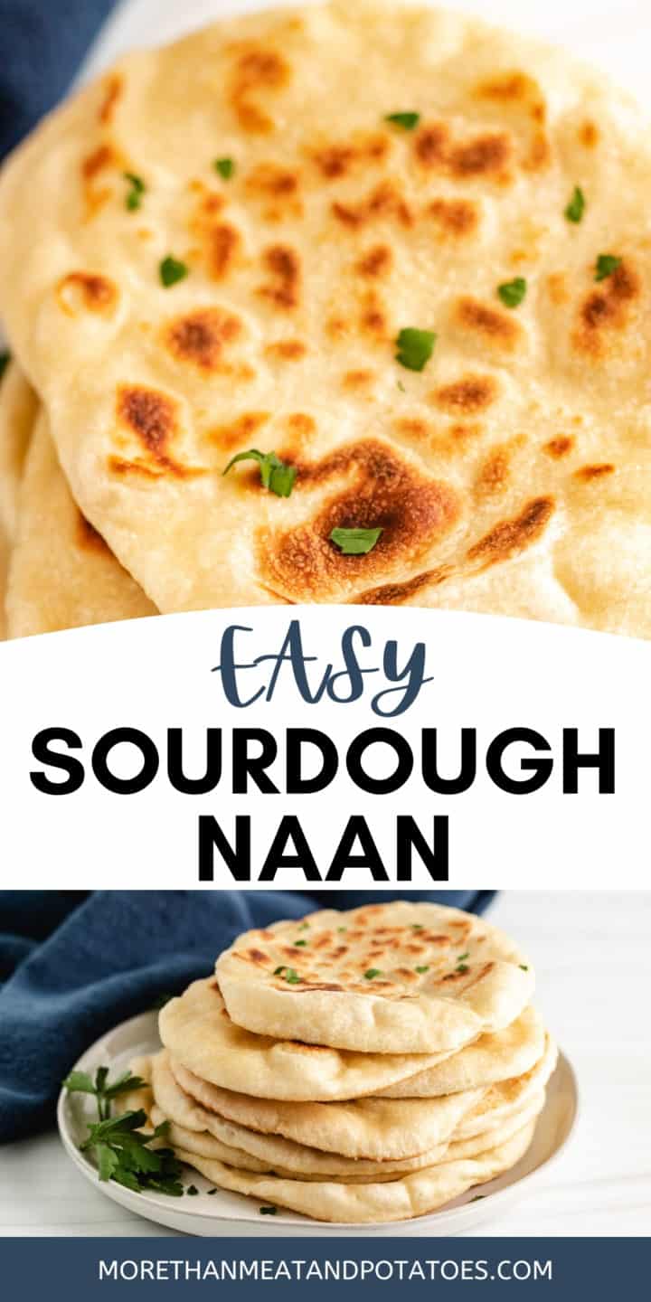 Two photos of sourdough naan on a gray plate.