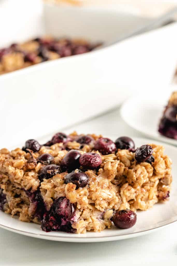 Slice of oven baked oatmeal on a serving plate.