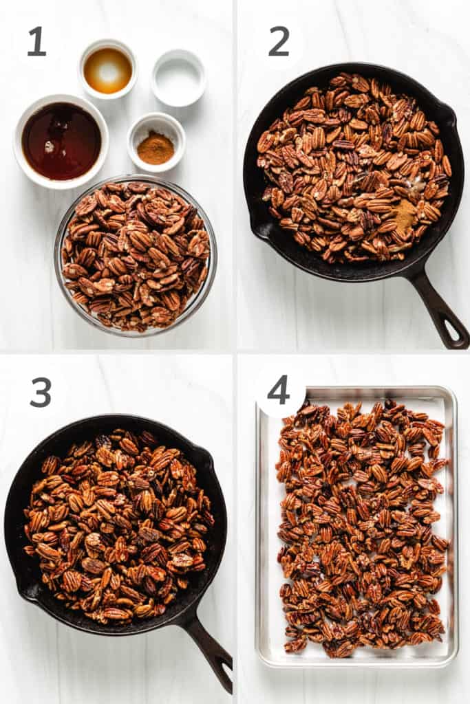 Collage showing how to make candied pecans.