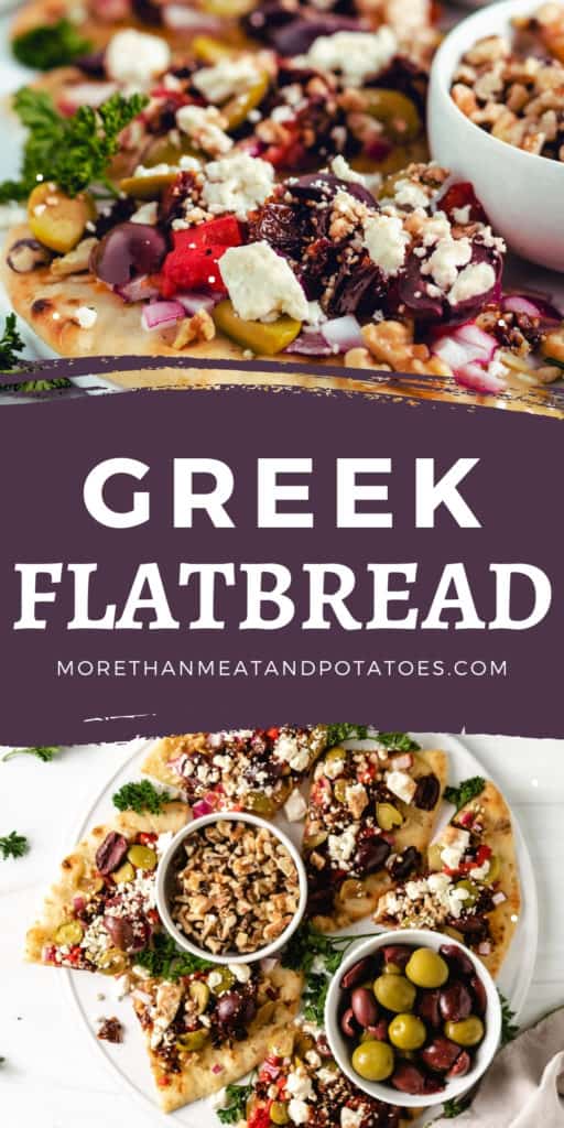 Two photos of Greek flatbread in a collage.