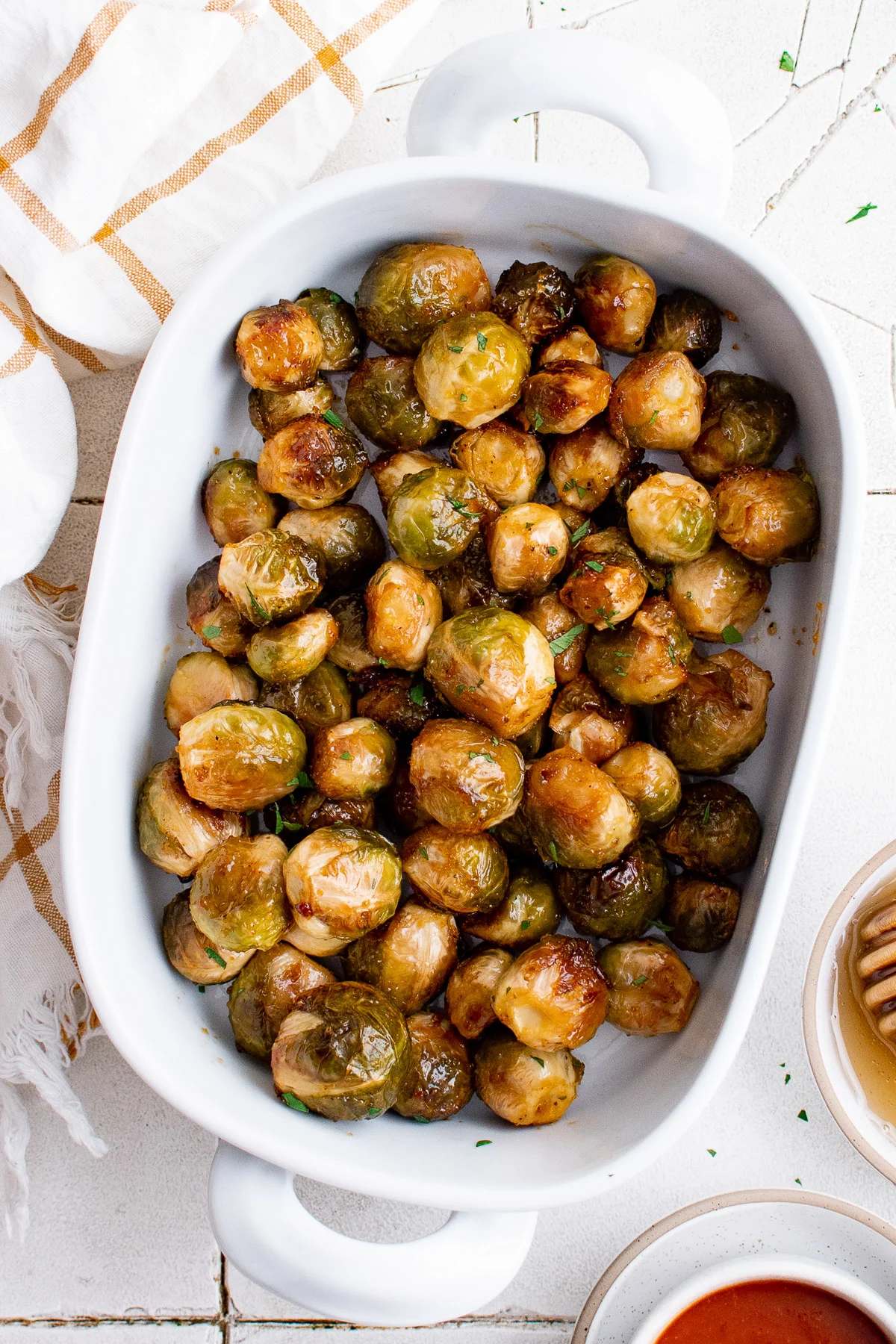 Top down view of brussel sprouts in a platter.