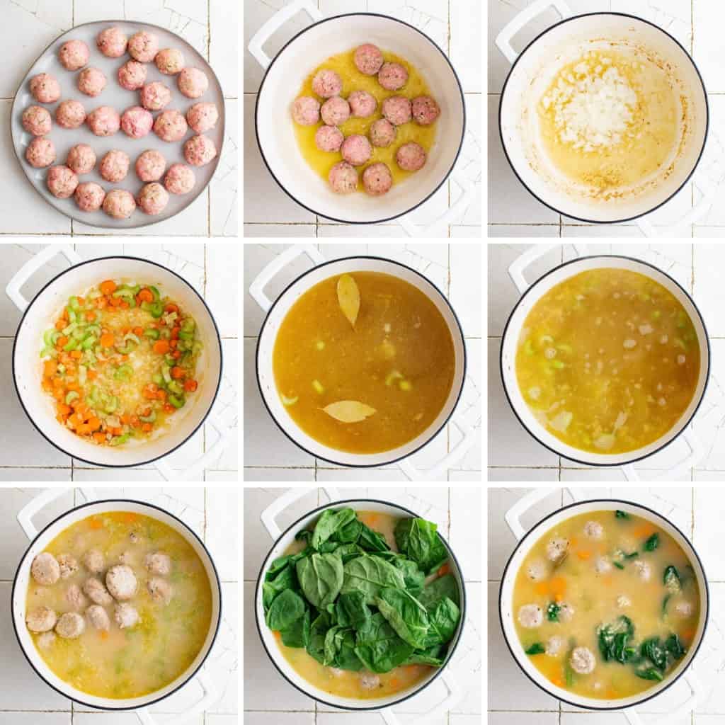 Collage showing how to make Italian wedding soup.