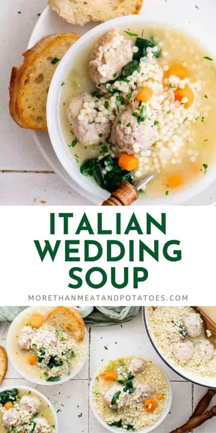 Two photos of italian wedding soup in a collage.