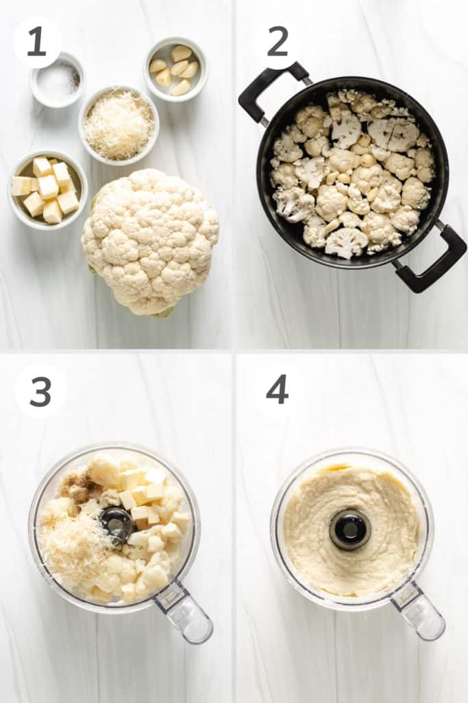 Collage showing how to make mashed cauliflower.