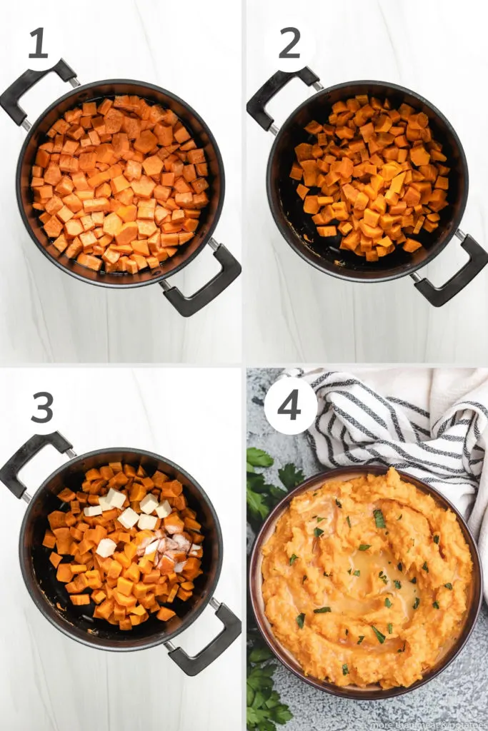 Collage showing how to make mashed sweet potatoes.