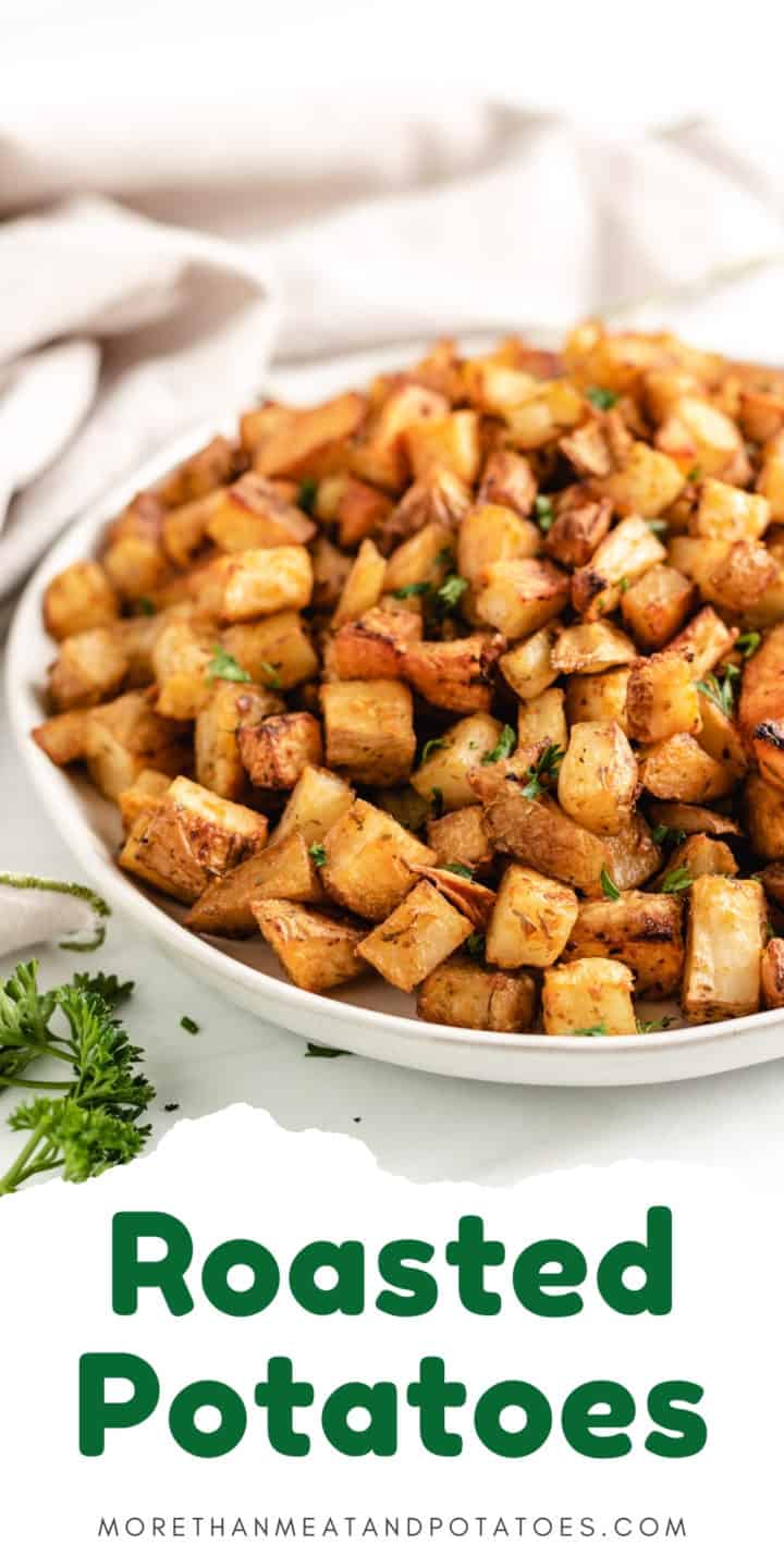 Large plate piled with roasted potatoes.