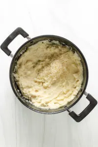 Top down view of mashed potatoes in a pan.