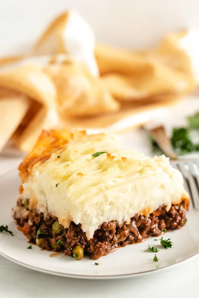Shepherd's pie with toasted mashed potatoes on a plate.
