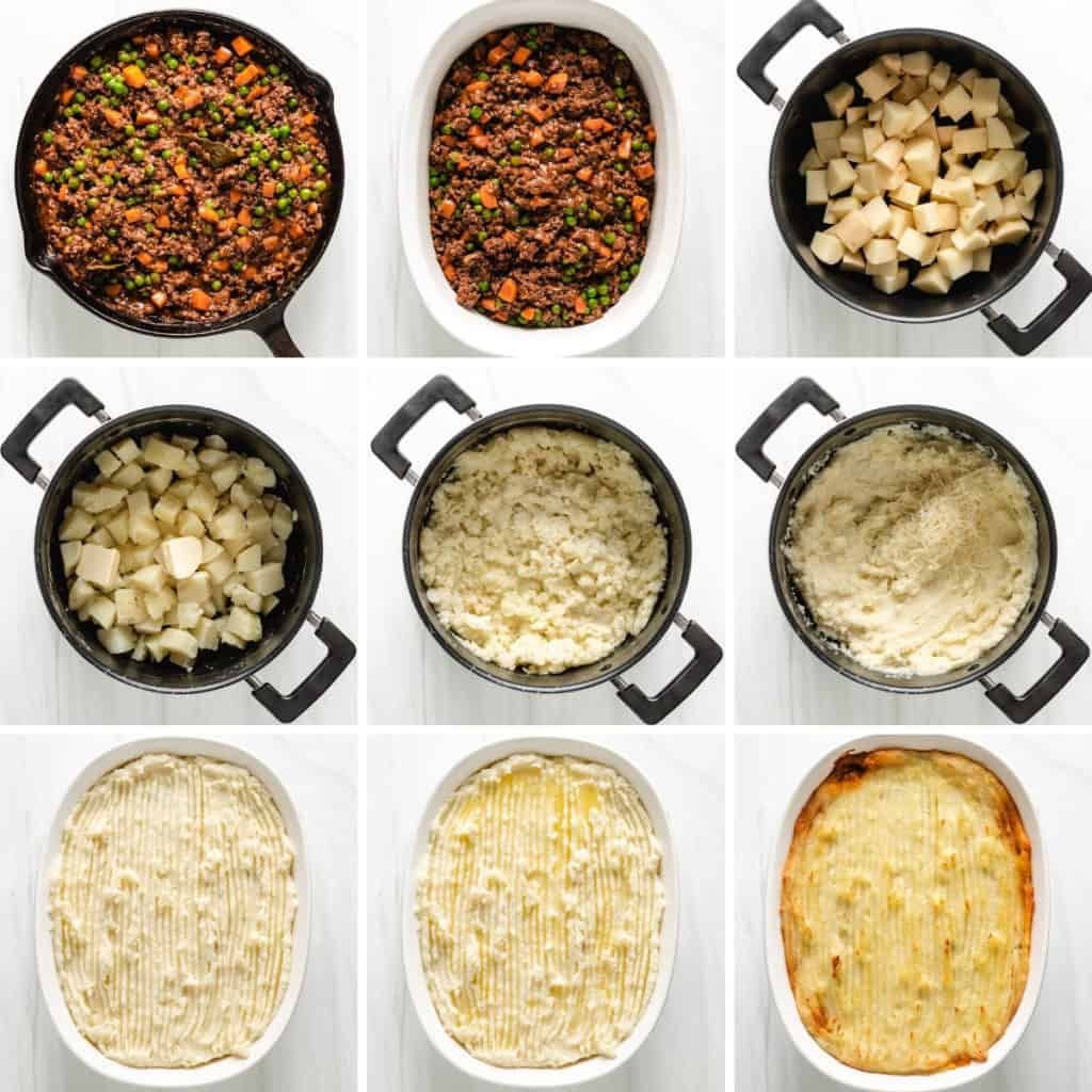 Collage showing how to make mashed potatoes for shepherd's pie.