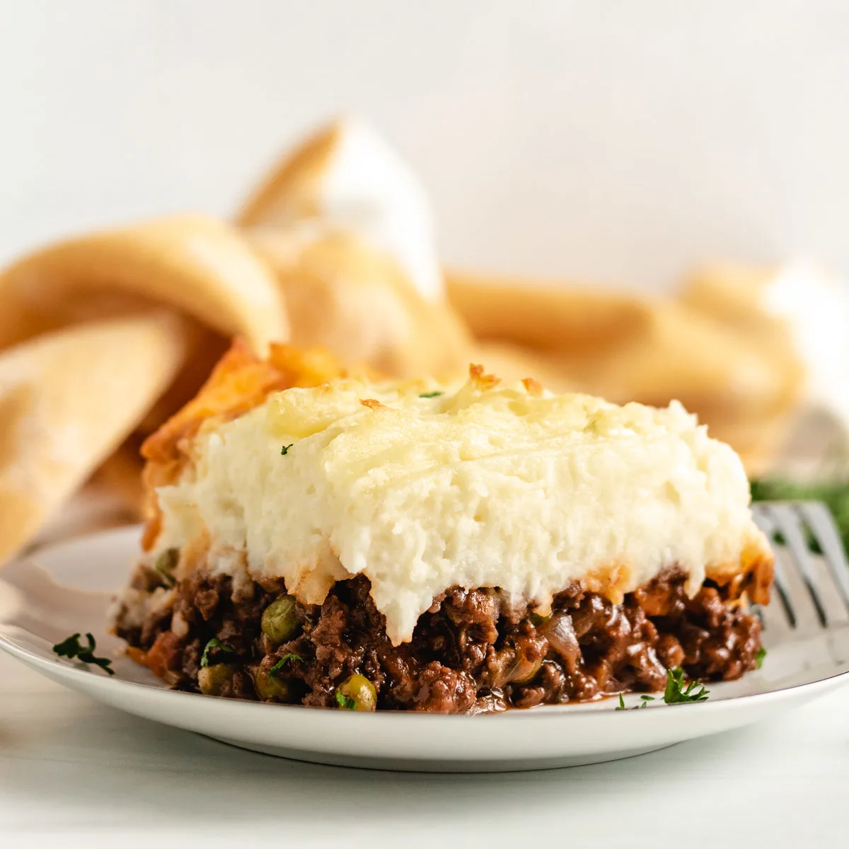 Mashed potatoes on meat filling on a white plate.