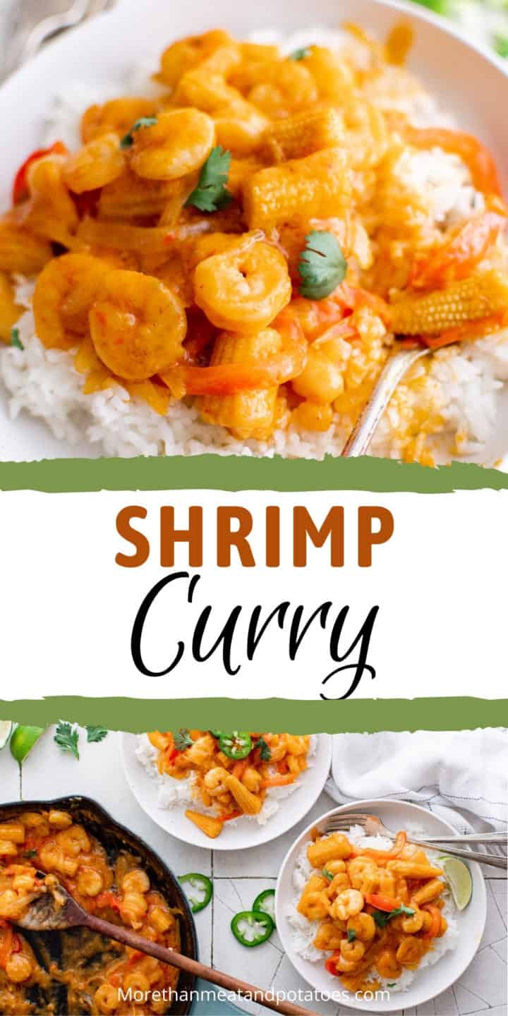 Two photos of shrimp curry in a collage.