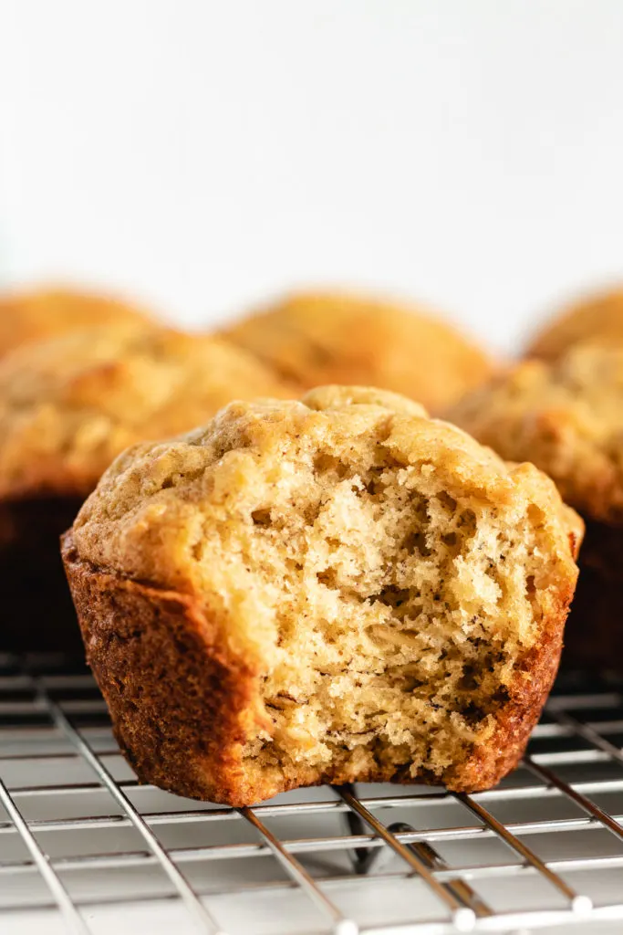 Banana oatmeal muffin with a bite taken out