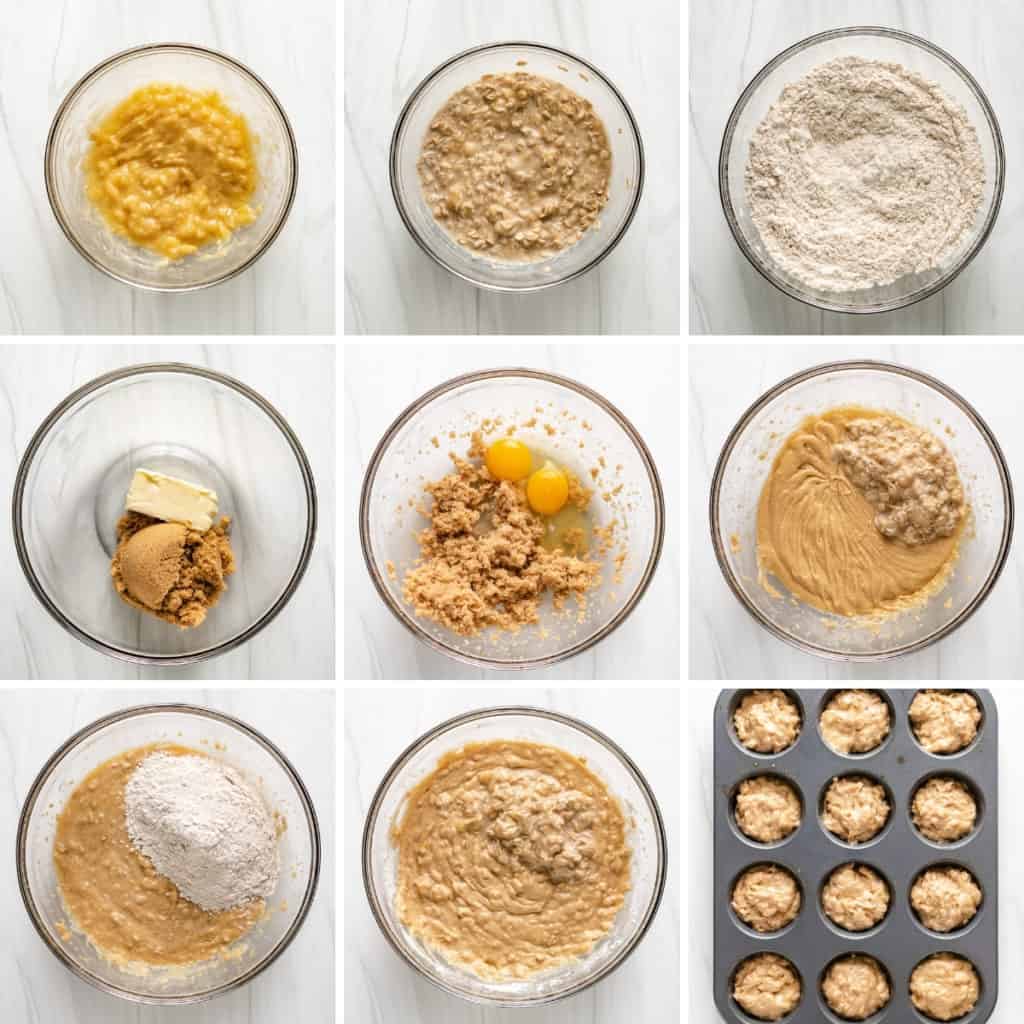 Collage showing how to make banana oatmeal muffins.