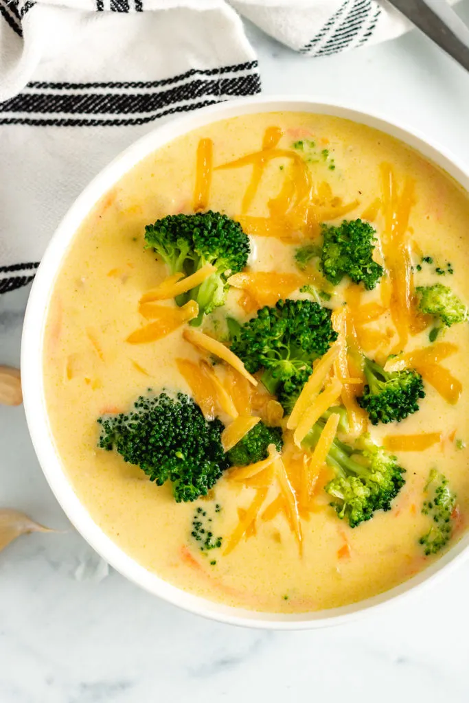 Top down view of broccoli cheddar soup.