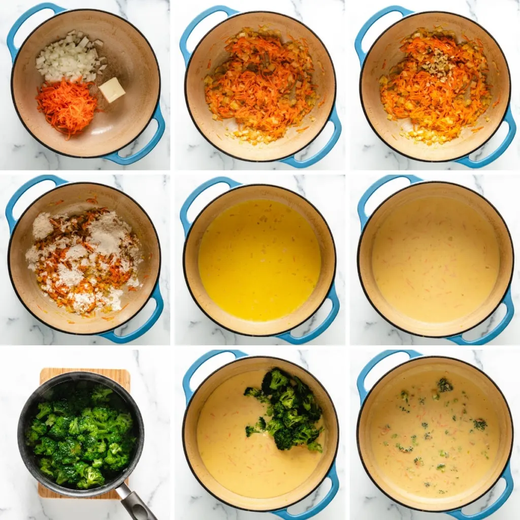 Collage showing how to make broccoli cheddar soup.