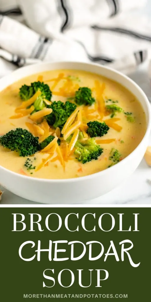 Close up view of a bowl filled with broccoli cheddar soup.