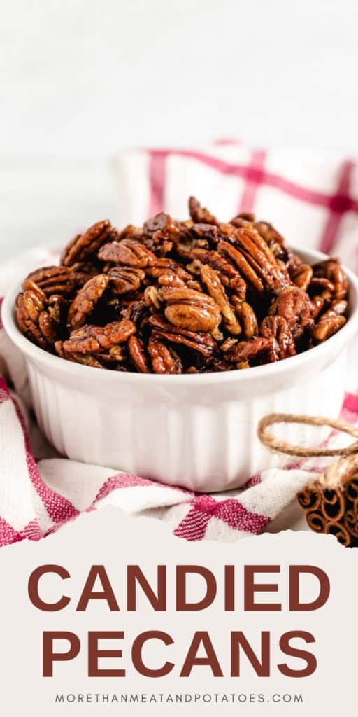 White dish filled with candied pecans.