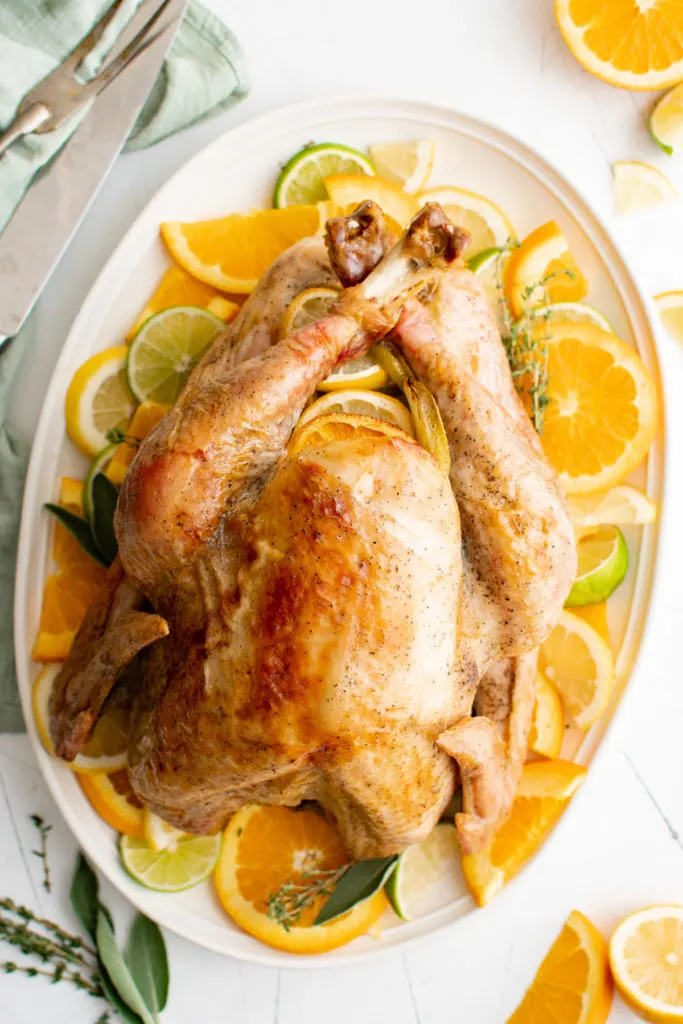 Top down view of a whole orange turkey.