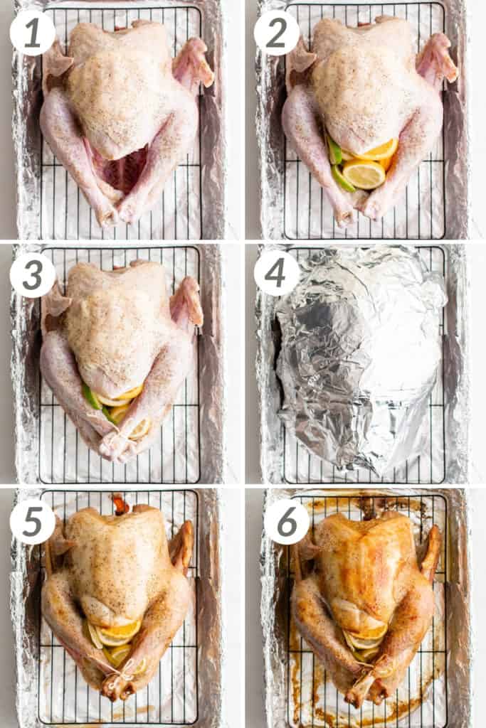 Collage showing how to make orange turkey.