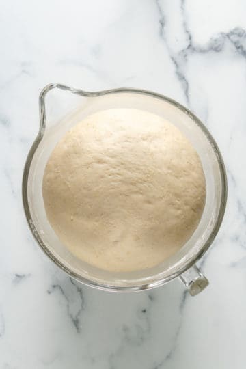 Top down view of risen dough in a bowl.
