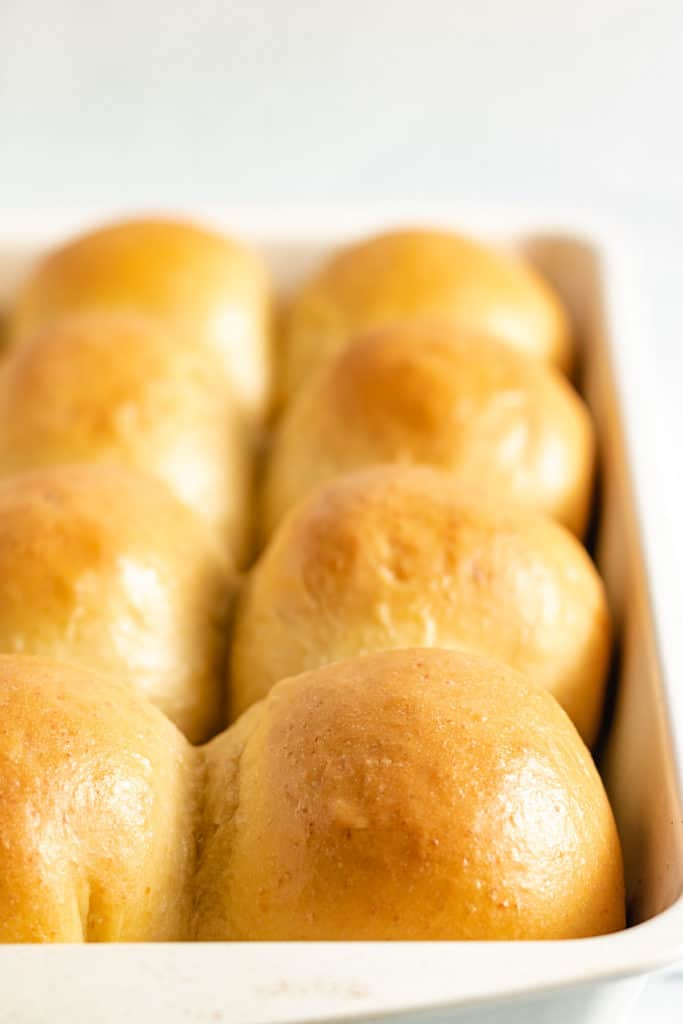 Freshly baked dinner rolls in a baking pan.