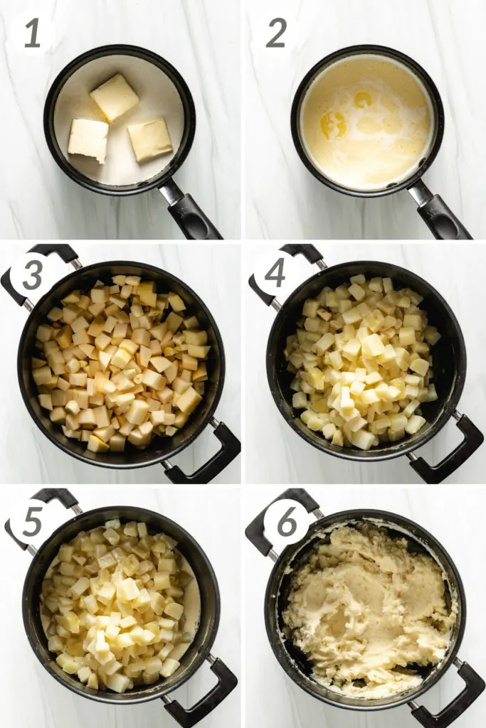 Collage showing how to make garlic mashed potatoes.