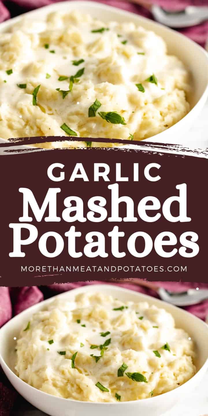 Two photos of garlic mashed potatoes in a collage.