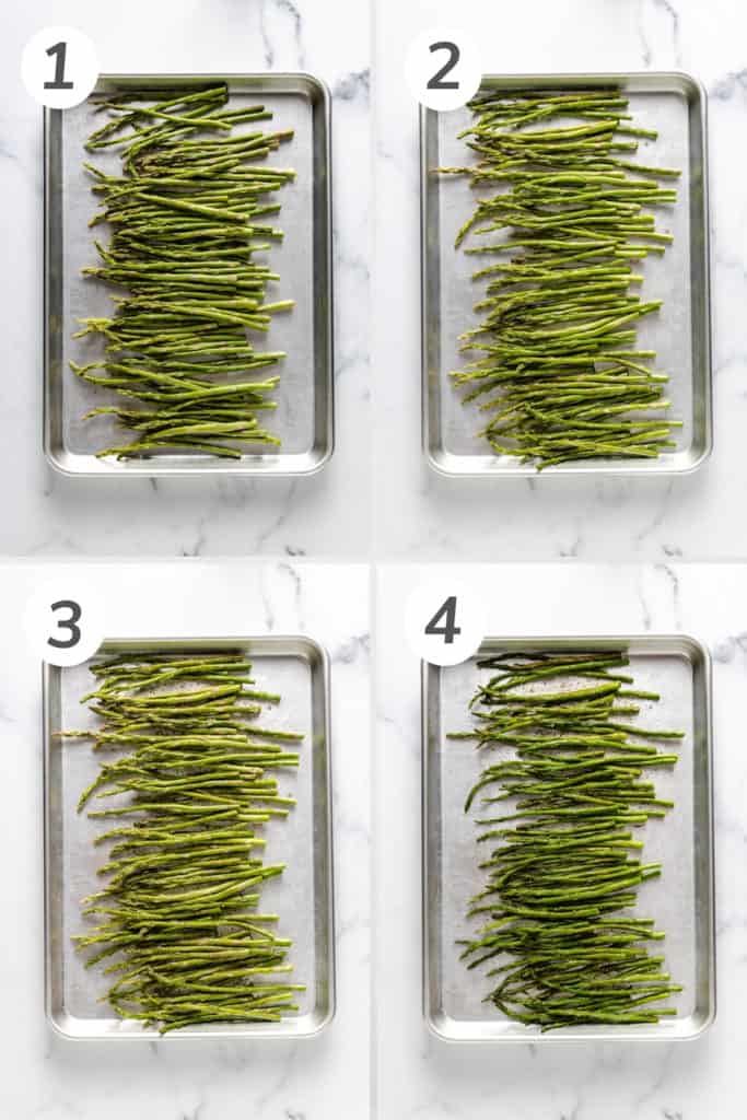 Collage showing how to make roasted asparagus.