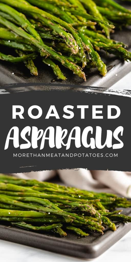 Two photos of roasted asparagus on plates.