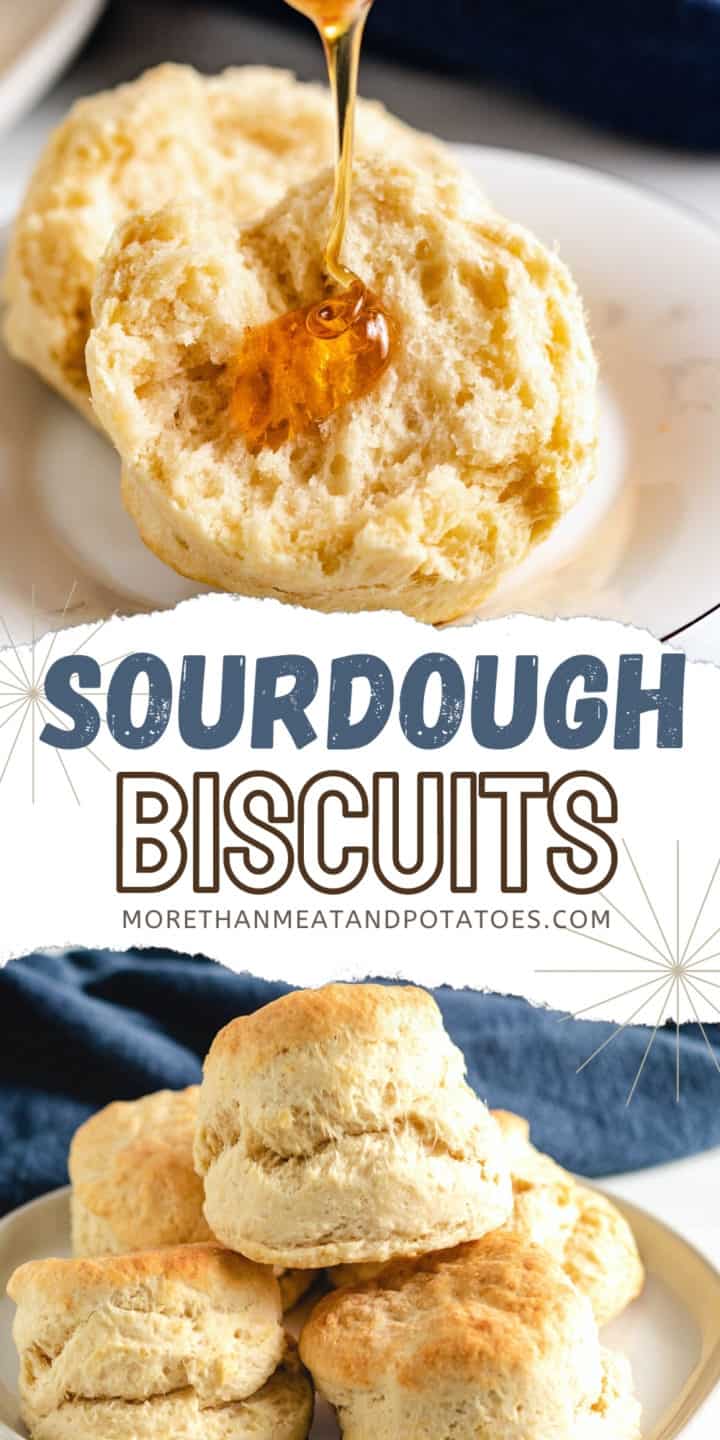 Two photos of sourdough biscuits in a collage.