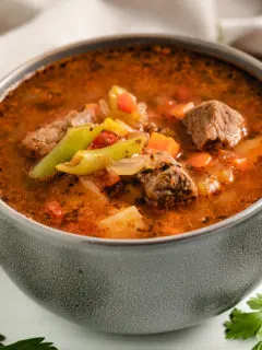 Bowl of vegetable soup with beef. 