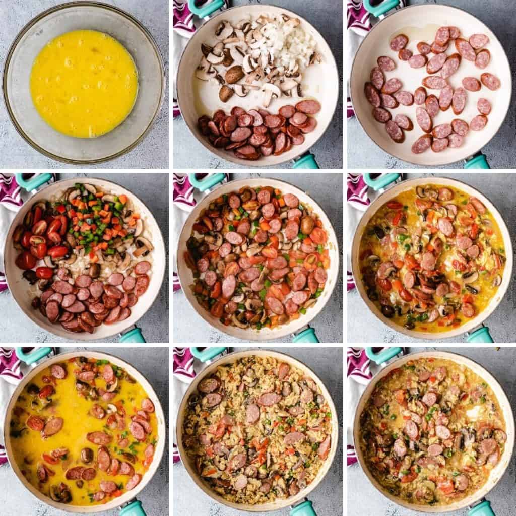 Collage showing how to make a breakfast scramble.
