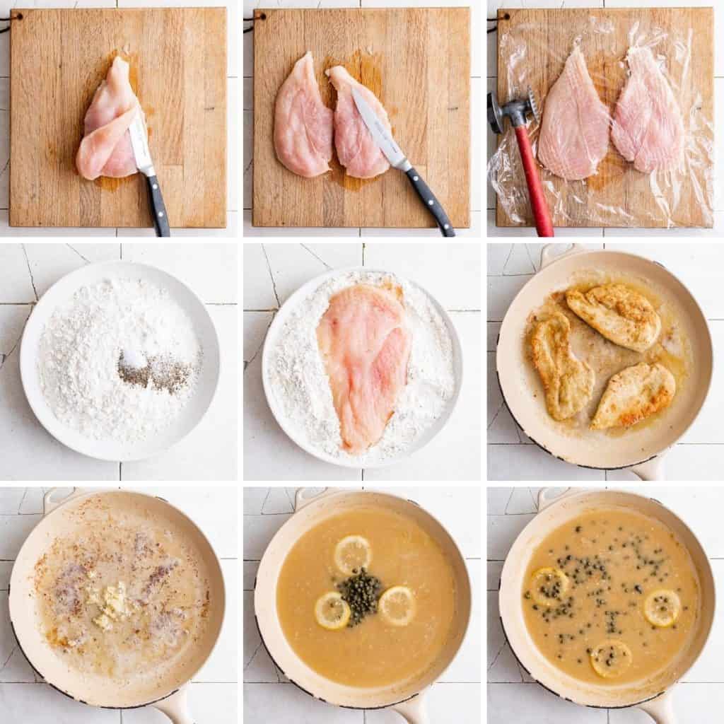 Collage showing how to make chicken piccata.