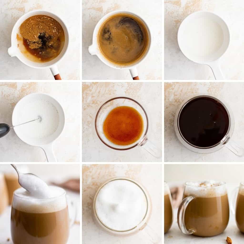 Collage showing how to make hot gingerbread latte.