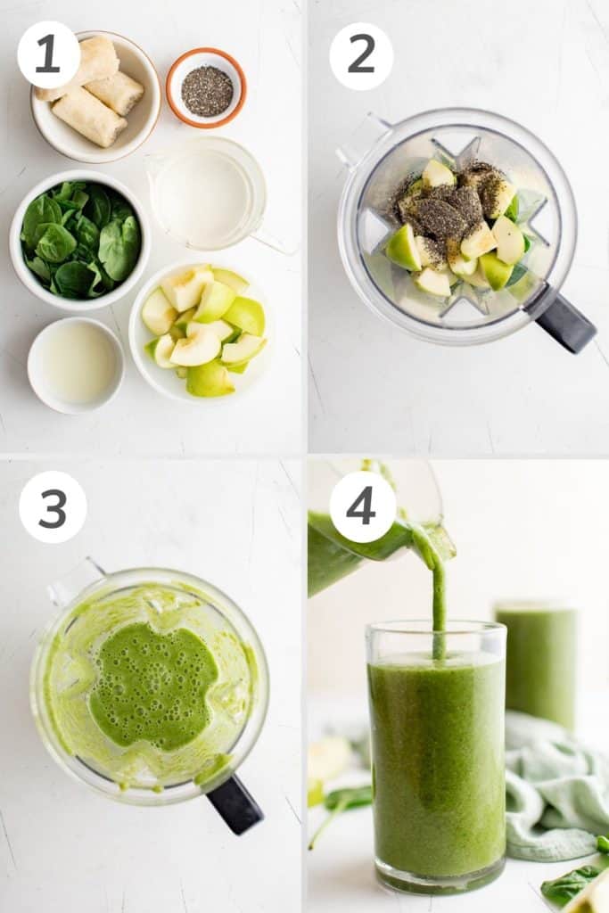 Collage showing how to make a green smoothie.